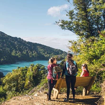 Three woman walkers look out over Ship Cove/Meretoto on the Queen Charlotte Track.