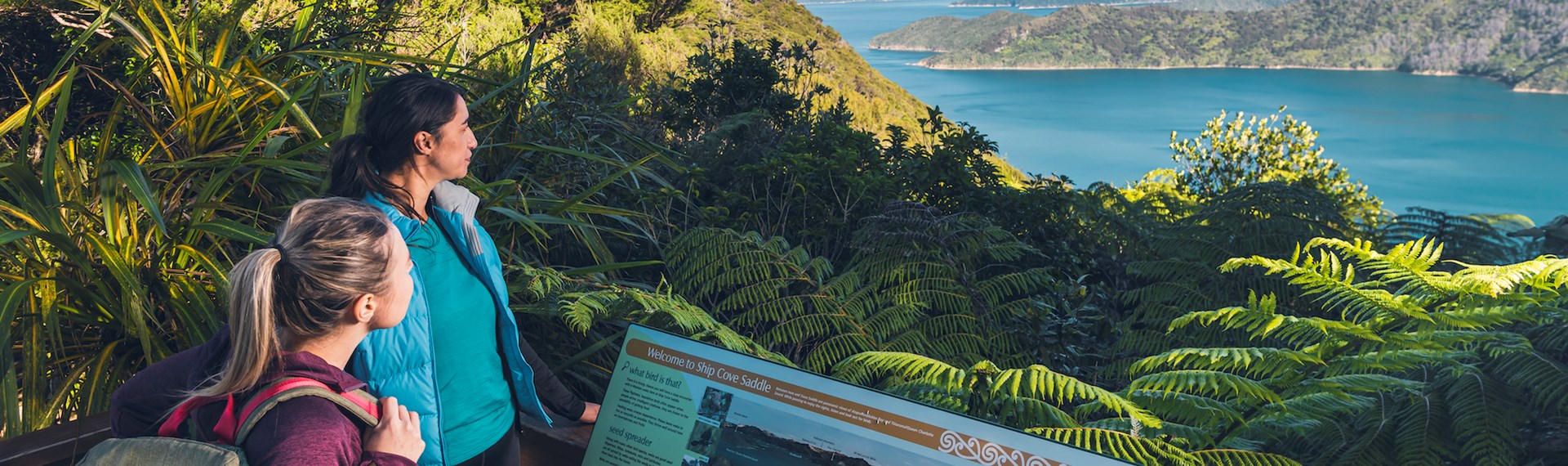 Two women walkers stand at a lookout on the Queen Charlotte Track looking over Resolution Bay.
