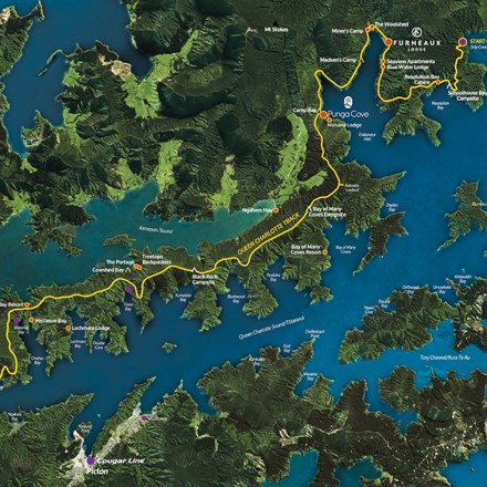 A map of the Queen Charlotte Sound/Tōtaranui including the Queen Charlotte Track, accommodation and Cougar Line passenger drop-off points in the Marlborough Sounds, New Zealand.