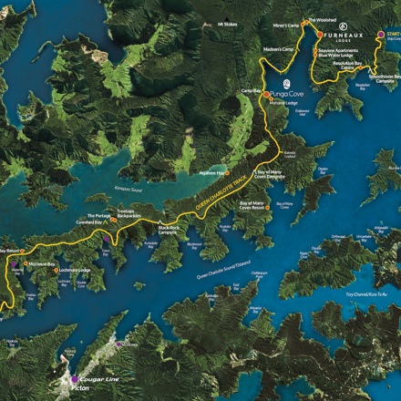 A map of the Queen Charlotte Sound/Tōtaranui including the Queen Charlotte Track, accommodation and Cougar Line passenger drop-off points in the Marlborough Sounds, New Zealand.