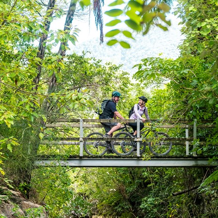 A male and female cyclist bike over a wooden bridge on the Queen Charlotte Track.