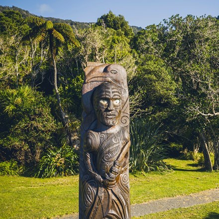 A pouwhenua at historic Ship Cove/Meretoto in the outer Queen Charlotte Sound/Tōtaranui in the Marlborough Sounds, New Zealand.