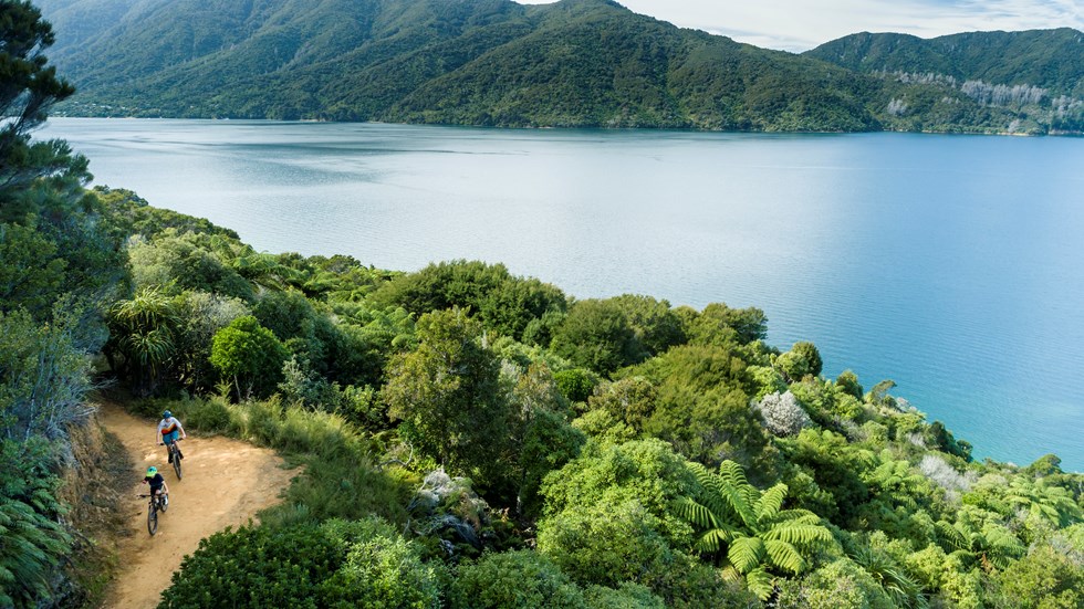 Aerial shot of two boys biking along the Queen Charlotte Track with Endeavour Inlet in the background.