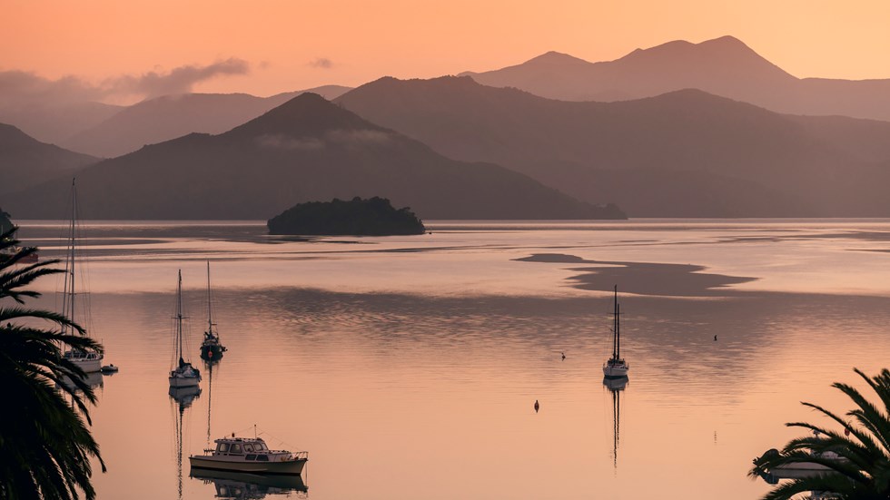 he view from Picton at sunrise over Queen Charlotte Sound/Tōtaranui, with orange skies and water in the Marlborough Sounds, New Zealand.
