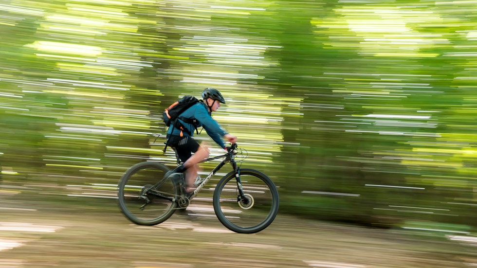 A boy bikes fast along the Queen Charlotte Track with native bush behind.